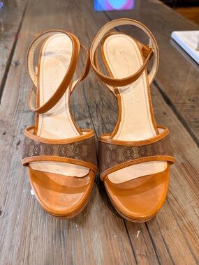 Casadei Brown and Tan Logo-Accent Ankle-Strap Heels